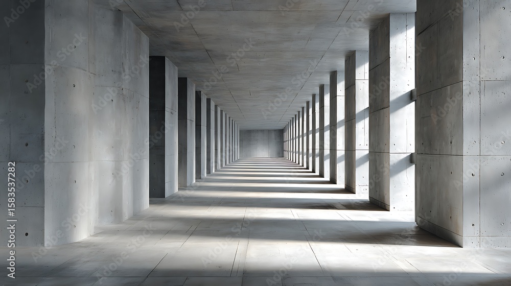Vast concrete hallway with repeating columns and dramatic light shafts interior architectural Vast concrete hallway with repeating columns and dramatic light shafts interior architectural