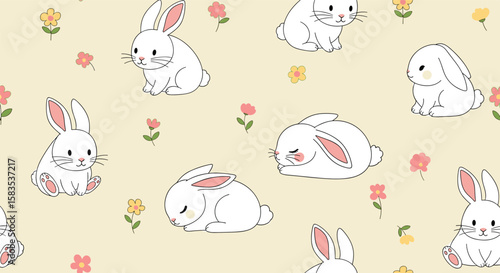 Adorable kawaii bunny rabbits and blooming flowers on a pastel yellow background
