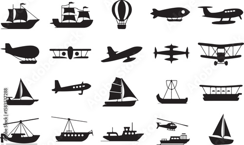 "Air and Sea Transport: Silhouette Icon Collection"
