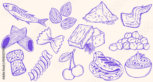 Mediterranean or Italian style foods doodle set featuring classic and traditional ingredients foods dishes, with a lively, hand-drawn charm that evokes Italian culture,hand-drawn collection