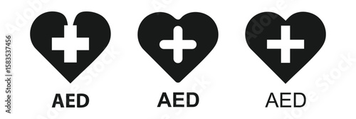 Set of AED emergency defibrillator icon sign symbol. First aid Automated external defibrillator. Eps 10.