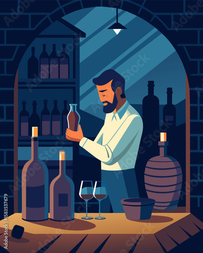 In the cool dimly lit cellar of the estate a freelance winemaker carefully crafts and bottles their latest creation a masterpiece born from the vineyard.. Vector illustration