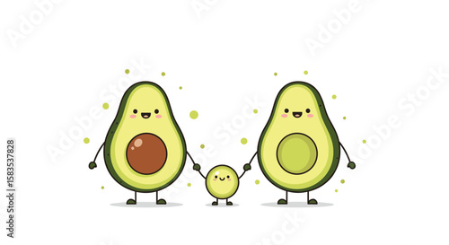Cute avocado family holding hands joyful healthy lifestyle illustration