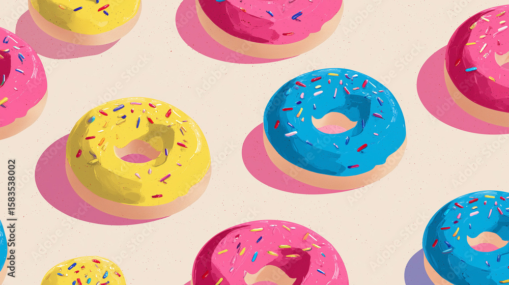 Fototapeta premium カラフルなフロスティングが施されたドーナツが明るい背景に整列。キッズ向けや楽しいデザインに適したポップなビジュアル。