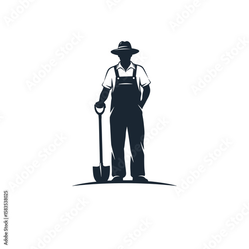 Black farmer standing with shovel wearing overalls and hat on white background 