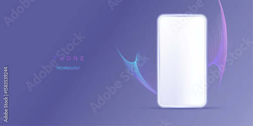 Realistic 3d vector phone mock up front view. Mobile isolated with white screen for display your ux design, site, presentation and promo. 3D smartphone on desk with modern colorful wave background.