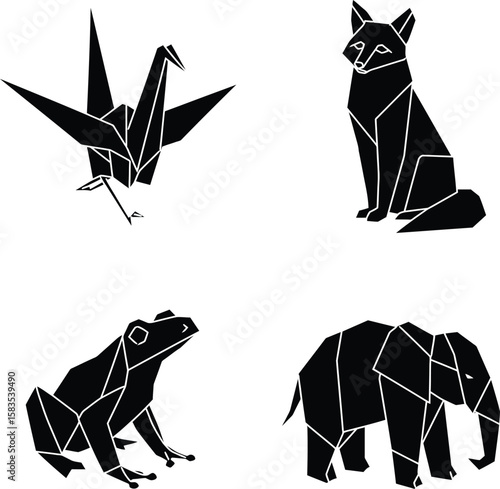 Geometric origami animal silhouettes of a crane fox frog and elephant isolated on white background silhouette