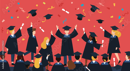 Graduates celebrating their academic achievements by tossing caps and diplomas in the air, joyful scene.
