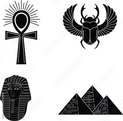 Collection of egyptian symbols including an ankh scarab pharaoh and pyramids silhouette isolated on white background