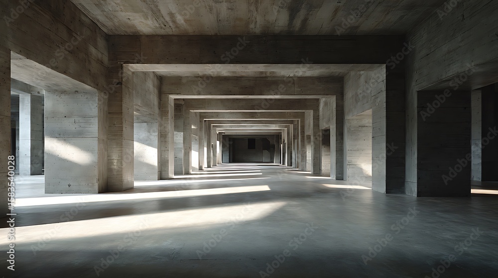 Obraz premium Vast concrete hall with repeating columns and dramatic light interior architecture