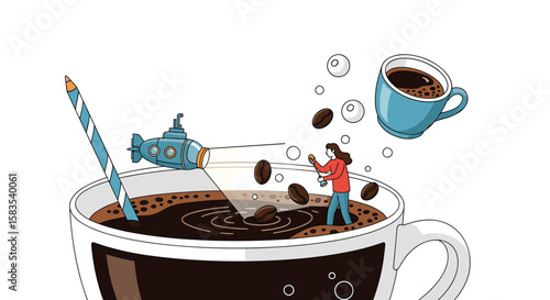 Imaginative adventure inside a giant coffee cup with flying beans and tiny people exploring