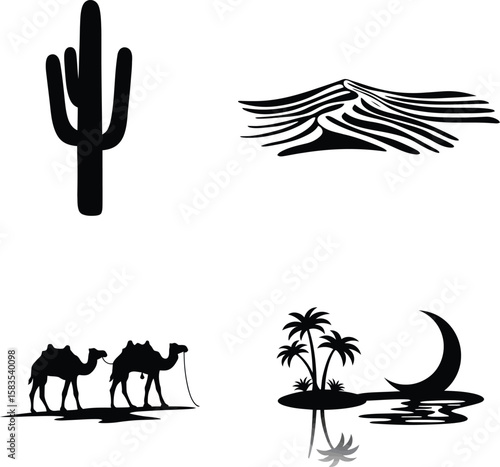 Desert landscape elements silhouette with cactus camels sand dunes and oasis isolated on white background