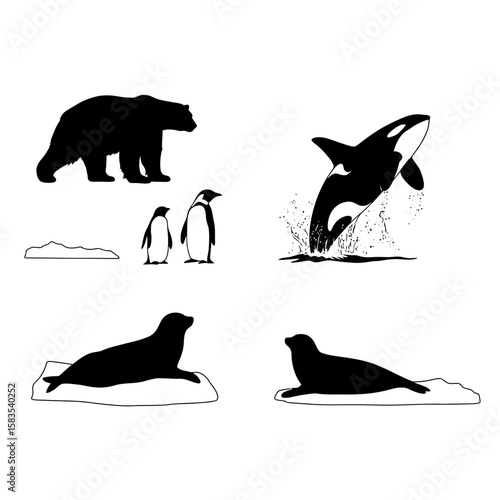Collection of arctic and antarctic animal silhouettes isolated on white background silhouette