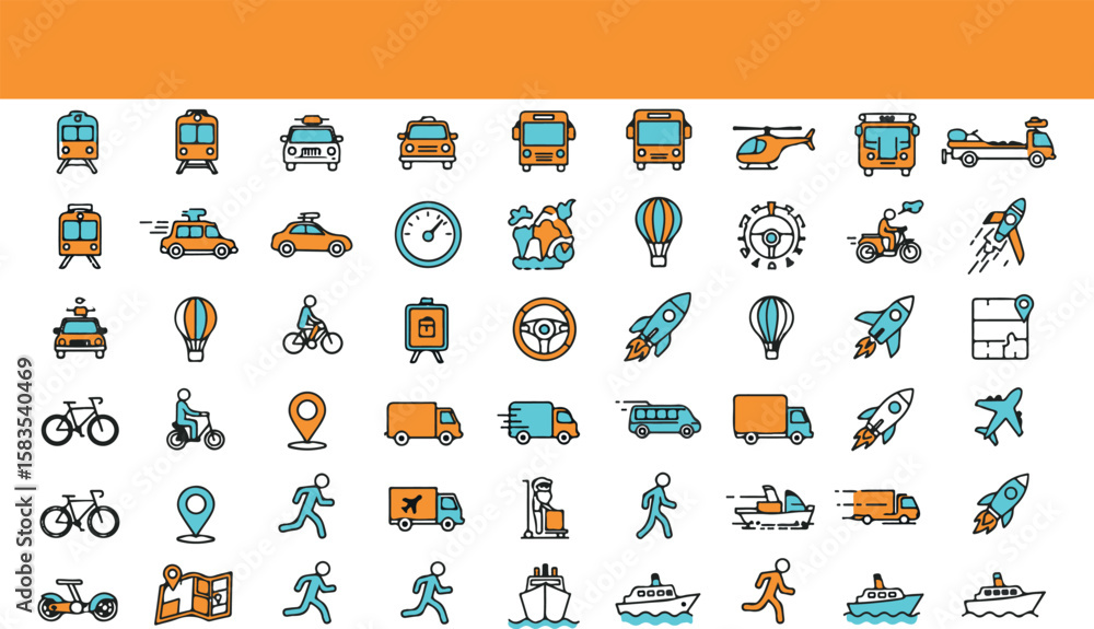 Fototapeta premium Collection of colorful transportation and travel icons including various vehicles and elements