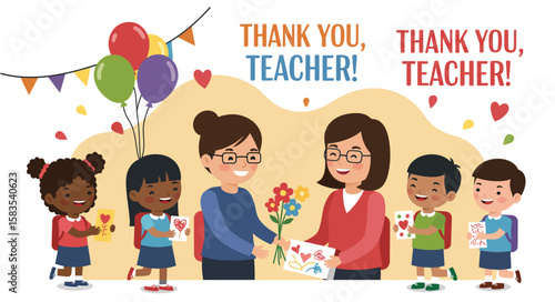 Two teachers receive gifts from students, including flowers and cards, with balloons and bunting in the background, celebrating Teacher Appreciation.