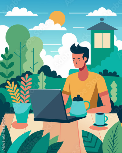 Enjoying a freshly brewed coffee amid the urban garden while typing away on a sleek laptop on a sundrenched patio.. Vector illustration