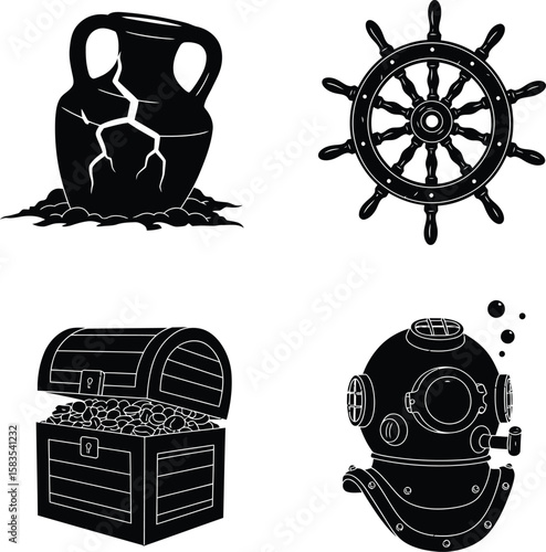 Nautical symbols antique amphora ship wheel treasure chest diver helmet silhouette isolated on white background