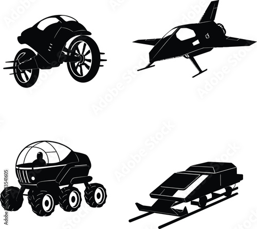 Collection of futuristic vehicles and transport silhouettes isolated on white background