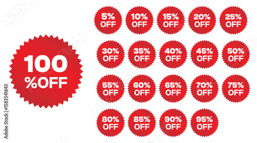 All Red Discount Tags: From 5% to 100% OFF – Promotional Deal Icons