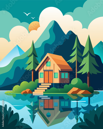 Take a break from the hustle and bustle of the city and work remotely from the tranquil ecofriendly cottage by the lake.. Vector illustration