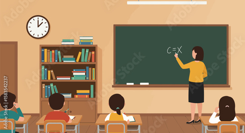 Elementary school classroom scene, teacher lecturing at the blackboard, students attentive.
