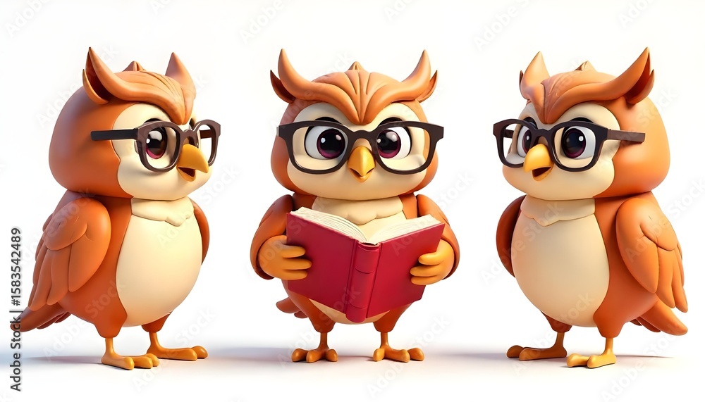 Fototapeta premium 3D Cartoon Wise Owls Reading