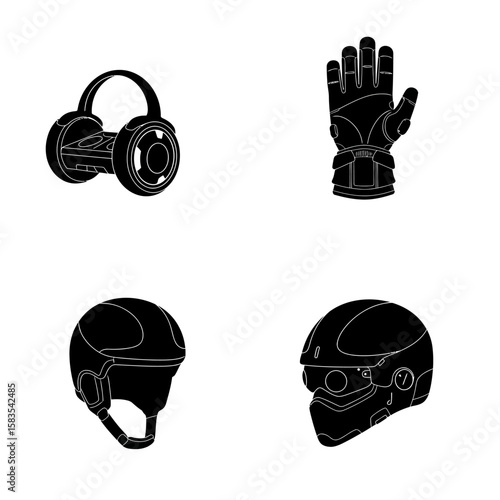 Collection of futuristic gear and protective equipment silhouette isolated on white background