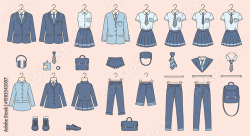 Collection of various school uniform items, displayed on hangers, in a flat design style.