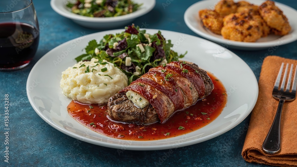 Bacon wrapped meatloaf served with creamy mashed potatoes fresh salad and a glass of red wine on blue textured surface Bacon wrapped meatloaf served with creamy mashed potatoes fresh salad and a glass of red wine on blue textured surface