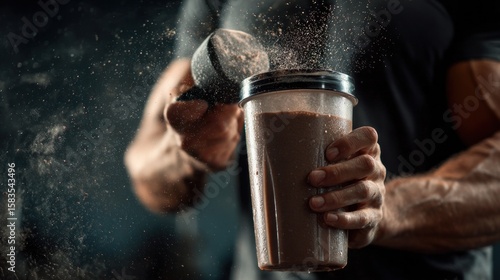 Close-up of a man pouring protein powder into a shaker