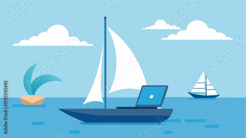 The laptops fan hums softly providing a soothing background noise as the sailboat glides across the water.. Vector illustration
