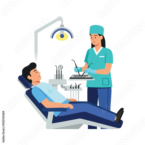 Dental hygienist prepares instruments for a patient relaxing in a dental chair during a checkup.
