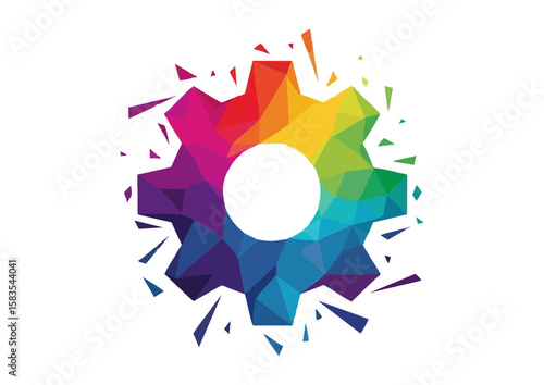 Colorful gear icon with a vibrant rainbow design with copy space