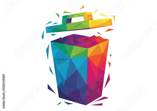 Colorful trash bin icon with a vibrant rainbow design with copy space