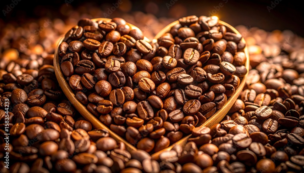 Fototapeta premium Heart-shaped wooden scoop filled with coffee beans