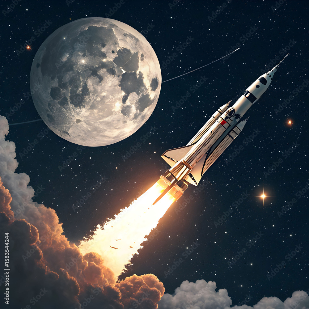 Obraz premium powerful rocket launching toward the moon through starry outer space