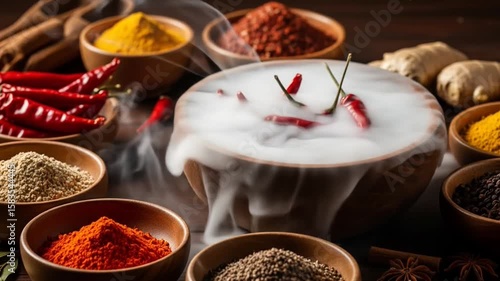 Various Spices In Wooden Bowls And Steaming Chili Peppers On A Dark Table