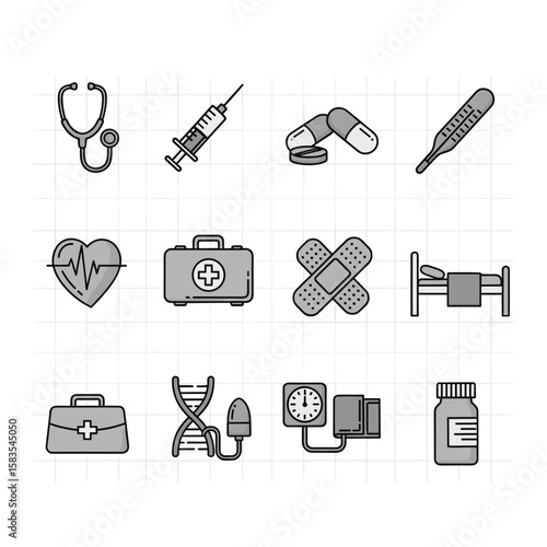 Handdrawn Outline Medical Icon Set with Stethoscope Syringe and First Aid Kit