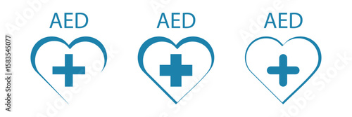 Set of AED emergency defibrillator icon sign symbol. First aid Automated external defibrillator. Eps 10.