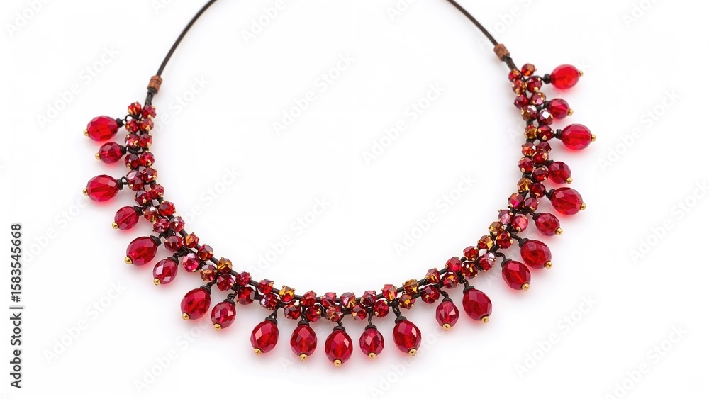 Obraz premium Elegant leather cord necklace adorned with red beads and gemstones