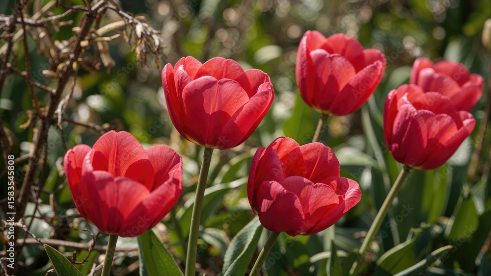 Fototapeta premium Vibrant red and pink tulips blooming in a springtime garden setting.