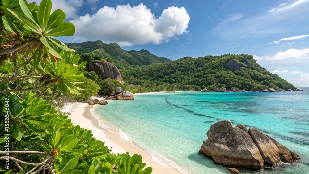 Obraz premium A serene tropical beach in Thailand with swaying palm trees, crystal-clear turquoise waters, and soft sand invites a perfect summer vacation paradise
