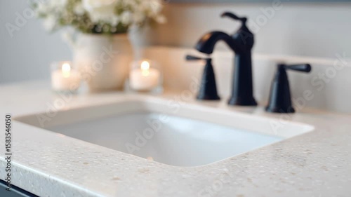 Elegant bathroom sink with modern faucet design, soft lighting, and floral accents