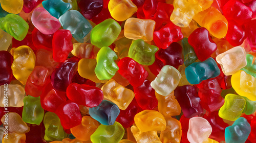 鮮やかな色合いのグミキャンディが敷き詰められたポップな構図。お菓子系デザインやポップアート背景に活用できる素材。
