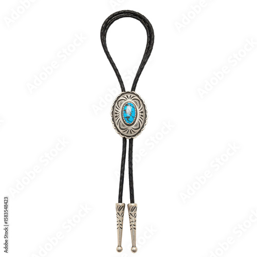 Intricate silver and turquoise bolo tie with braided leather cord