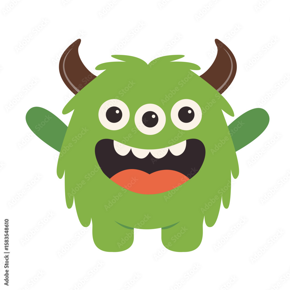 Fototapeta premium Green monster icon. Happy Halloween. Funny cartoon kawaii character. Smiling face. Cute colorful monsters silhouette. Horns, teeth eyes, hands. Flat design. Childish style. White background. Vector