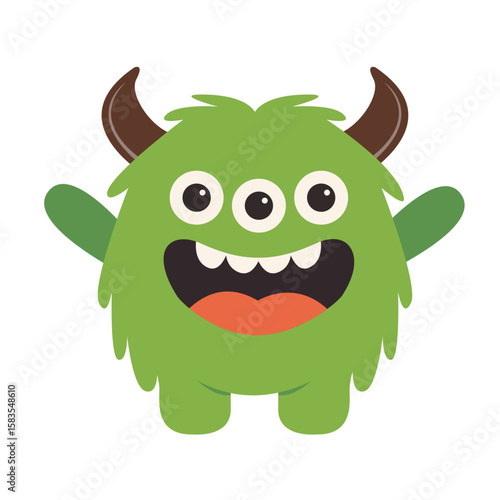 Green monster icon. Happy Halloween. Funny cartoon kawaii character. Smiling face. Cute colorful monsters silhouette. Horns, teeth eyes, hands. Flat design. Childish style. White background. Vector