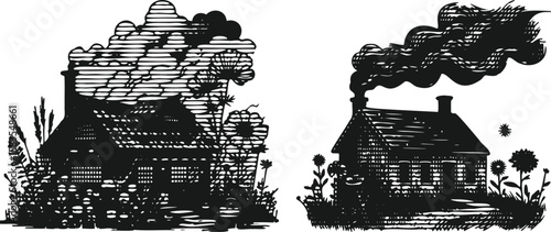  Monochrome lined engraving vector bundle featuring a house with smoke billowing from chimney surrounded by wildflower, detailed hand drawn rustic cottage scene with floral nature elements