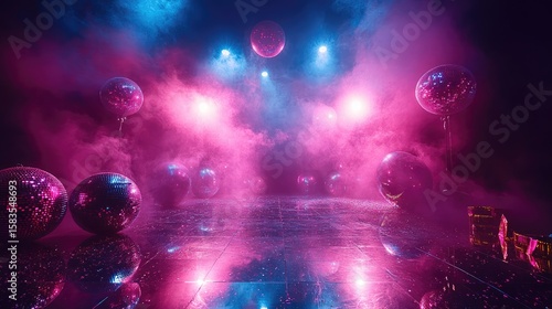 Neon-style 2026 decor glowing among disco balls, party blowers, and glitter tape on a mirrored floor