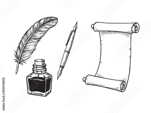 Engraved old writing tool set with quill ink pen and scroll in vintage calligraphy style